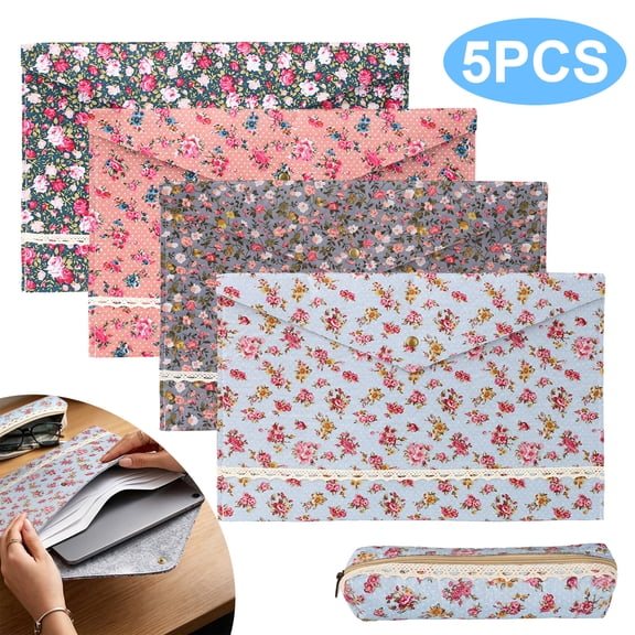 4pcs Floral Felt File Folders with Bonus Pencil Pouch, TSV A4 Letter Size Document Holder Envelopes with Snap Closure, Portfolio for Office
