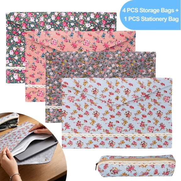 4pcs Floral Felt File Folders with Bonus Pencil Pouch, TSV A4 Letter Size Document Holder Envelopes with Snap Closure, Portfolio for Office