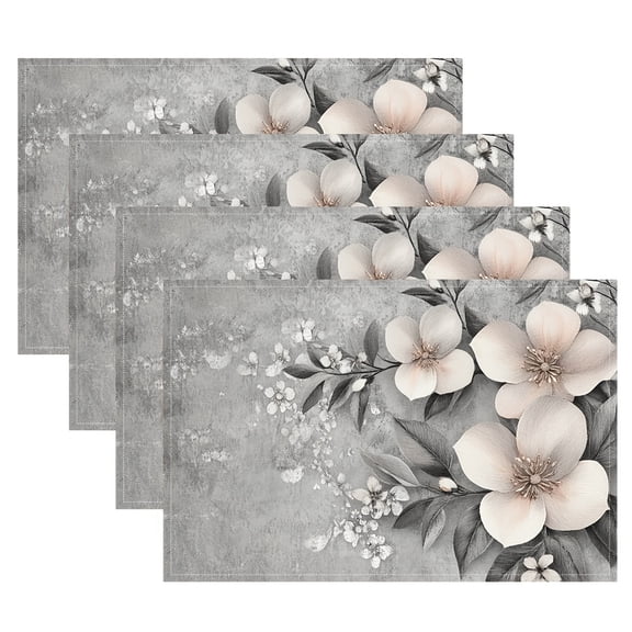 4pcs Floral Table Mat - Elegant 12X18 Inch Placemats, White And Gray Floral Design, Suitable for Kitchen And Restaurant Decor, Family Gatherings And Party Layout, Desktop Decoration