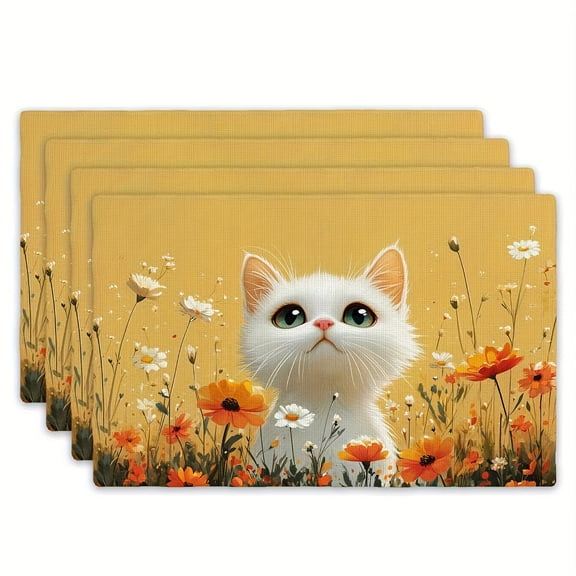 4pcs Floral & White Cat Placemats Set - Large 12x18 Inch Table Mats with Soft Mustard-Yellow Background, Daisy & Floral Patterns in Orange, White, Brown - Durable Fabric for Kitchen, Dining