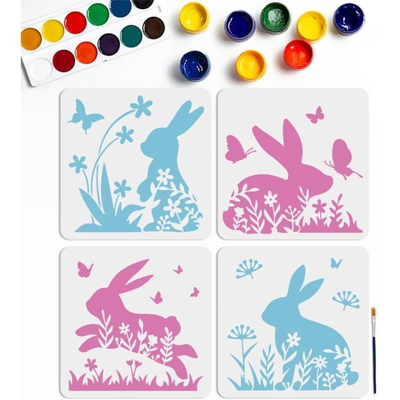 4pcs Flower Bunny Butterfly Stencil 11.8×11.8inch Reusable Easter Rabbit Stencil with Paint Brush Spring Floral Field Plants Animal Drawing Template