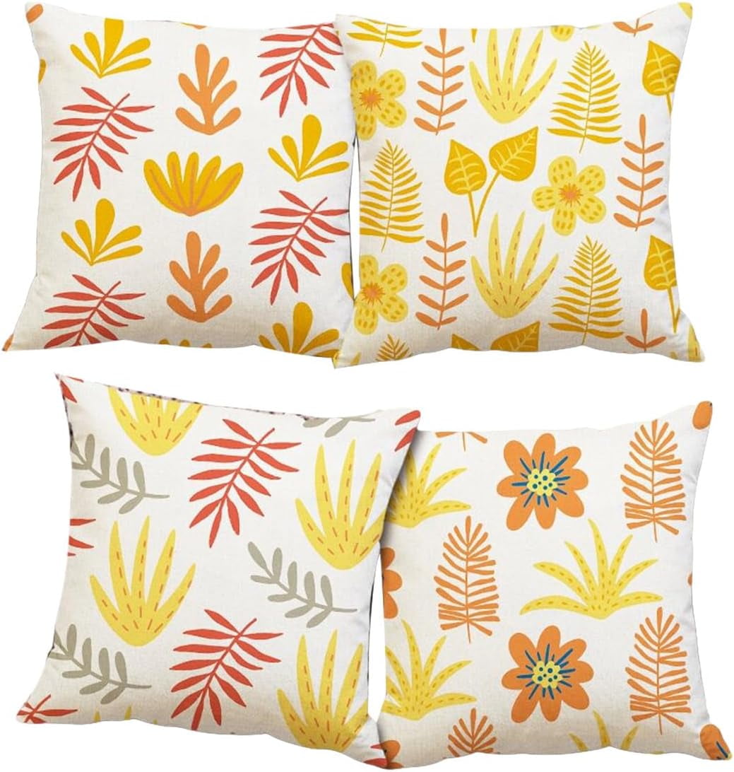 4pcs Flower Decorative Linen Throw Pillow Cushion Covers for Couch Sofa Bed Living Room Farmhouse Decorations White 18"x18"