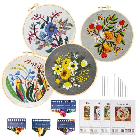 4pcs Flower Grass Pattern Embroidery Kit, TSV Cross Stitch Practice Set with Hoop