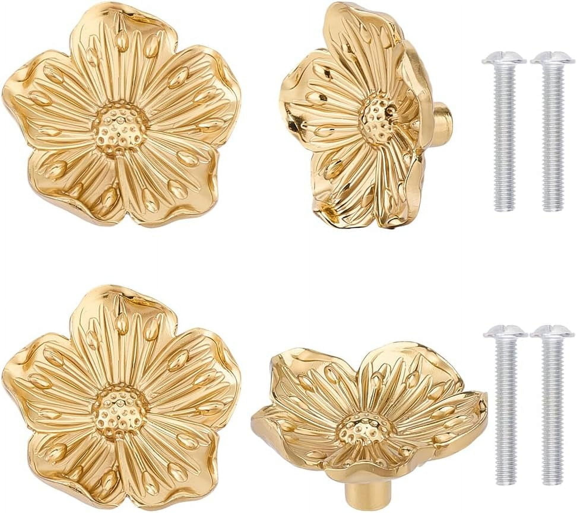 4pcs Flower Shape Brass Cabinet Knobs Gold Brushed Drawer Knobs Dressers Pulls Cabinet Hardware Handles Creative Petal Kitchen Knobs for Drawer Bathroom Closet Wardrobe Dresser Cabinet Brown