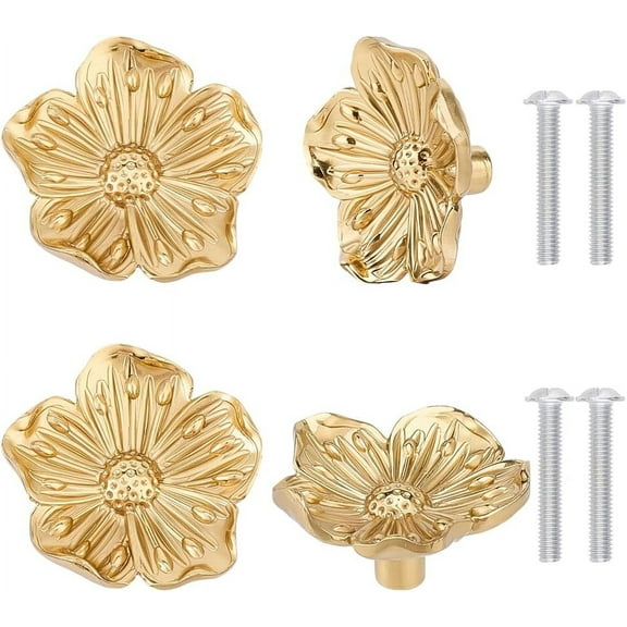 4pcs Flower Shape Brass Cabinet Knobs Gold Brushed Drawer Knobs Dressers Pulls Cabinet Hardware Handles Creative Petal Kitchen Knobs for Drawer Bathroom Closet Wardrobe Dresser Cabinet Brown DIY