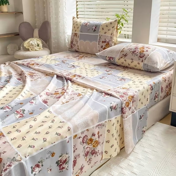 4pcs Flower Stitching Print Fitted Sheet Set - Soft & Breathable Bedding for Bedroom, Guest Room, Hotel, Dorm