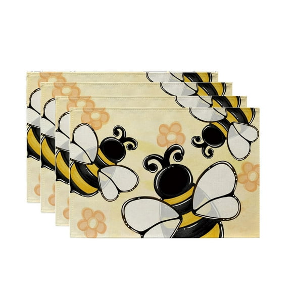 4pcs Flowers Bee Bumblebee Placemats Table Mats Durable Washable Rustic Linen Vintage Placemats for Home Dinner Party Camping Wedding Table Decoration 12 x 18 inches