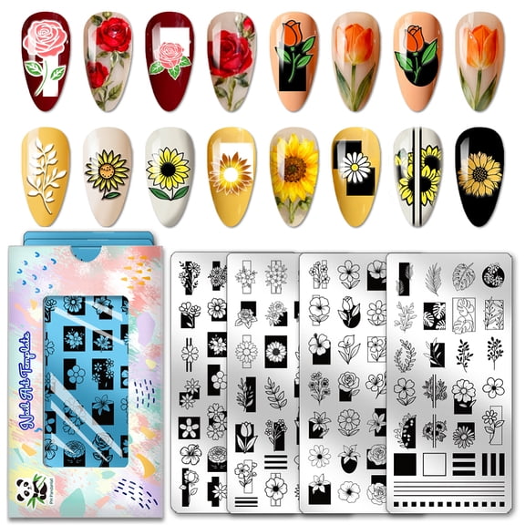 4pcs Flowers Nail Stamp Plate 110 Patterns Rose Daisy Nails Art Template Tulips Floral Nails Arts Stencils Leaf Plants Manicures Image Plate DIY
