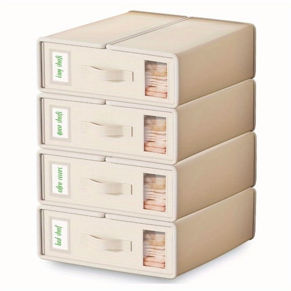 4pcs Foldable Oxford Fabric Sheet Storage Racks, Clear Window Bedding Organizers, Non-Woven Storage Boxes for Sheets Duvet Covers Blankets, Grey/Beige Mountable