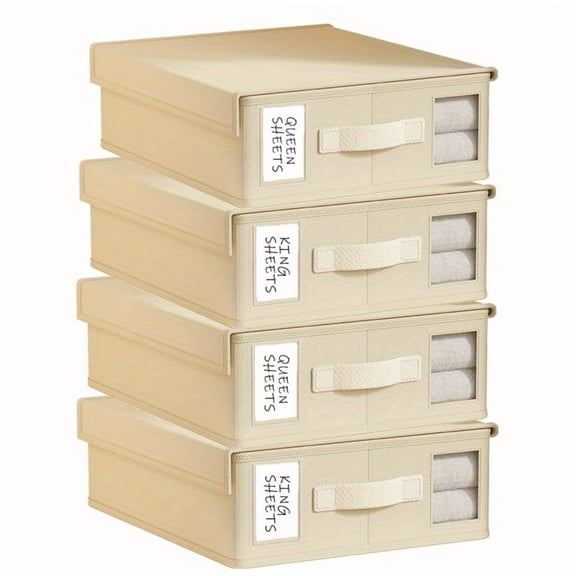 4pcs Foldable Oxford Fabric Sheet Storage Racks, Clear Window Bedding Organizers, Non-Woven Storage Boxes for Sheets Duvet Covers Blankets, Grey/Beige Mountable