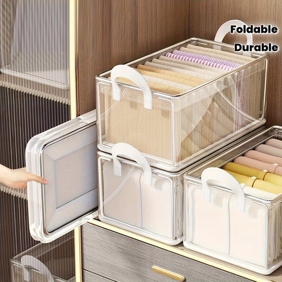 4pcs Foldable & Washable Clear Stackable Storage Bins with Steel Frames & Reinforced Handles - Ideal for Closet Organization, Clothing, Bedding & Multi-Purpose Storage,