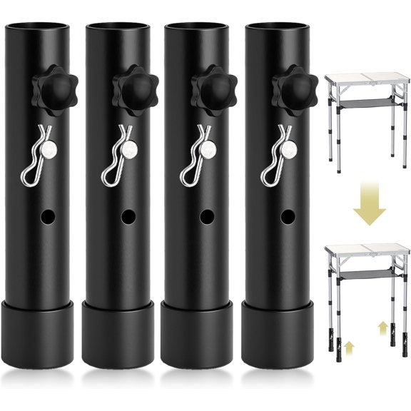 4pcs Folding Table Leg Extenders, 2 Levels Adjustable Height Rise Up to 5.3 in, Heavy Duty Steel Table Risers for Straight and Bent Legs, Reduces Stooped Work, Black