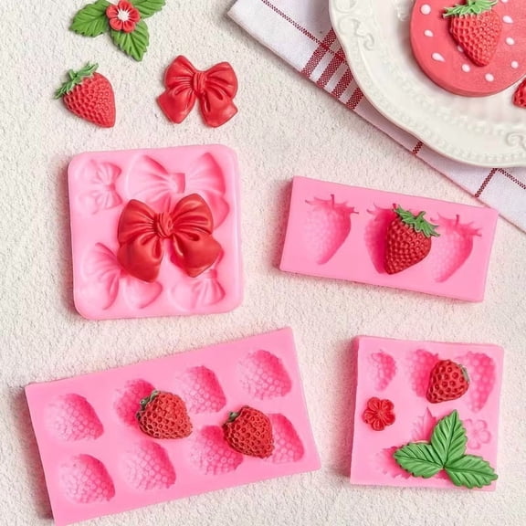 4pcs Food-Grade Silicone Strawberry Fondant Molds - Non-Stick 3D Strawberry & Bow Designs for Baking, Cake Decorating, and Crafts