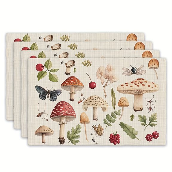 4pcs Forest Elements Table Mats, 12x18 Inch Rectangular Polyester Tablecloths with Mushrooms, Butterflies, and Berries Design - Ideal for Dining, Kitchen