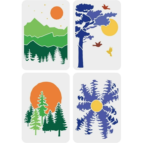 4pcs Forest Landscape Drawing Stencil 29.7x21cm Plastic Sunrise Sunset Stencils Moon Template Large Reusable Tree Mountains Plants Birds Craft Stencil for Wood Wall Paper