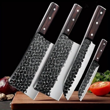 4pcs Forged Stainless Steel Kitchen Knife Set, Durable Bone-Chopping Knife, Sharp Meat Cleaver, Multi-purpose Fruit Vegetable Bread Knife for Home Cooking