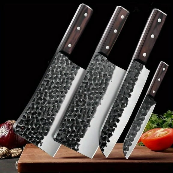 4pcs Forged Stainless Steel Kitchen Knife Set, Durable Bone-Chopping Knife, Sharp Meat Cleaver, Multi-purpose Fruit Vegetable Bread Knife for Home Cooking