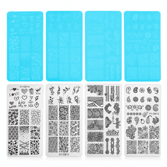 4pcs French Nail Art Stamping Plate Set with Transparent Films DIY Nail Printing Steel Plates Image Template Tool for Nail Polish Artificial Nails Decor (7.87 inches / 20 cm)