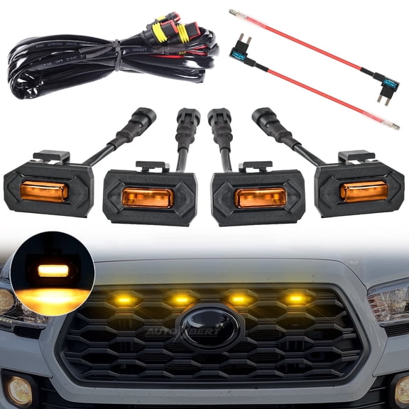 AUTOXBERT 4pcs Front Grille Amber LED Light with Wiring Harness Kit for Toyota Tacoma TRD