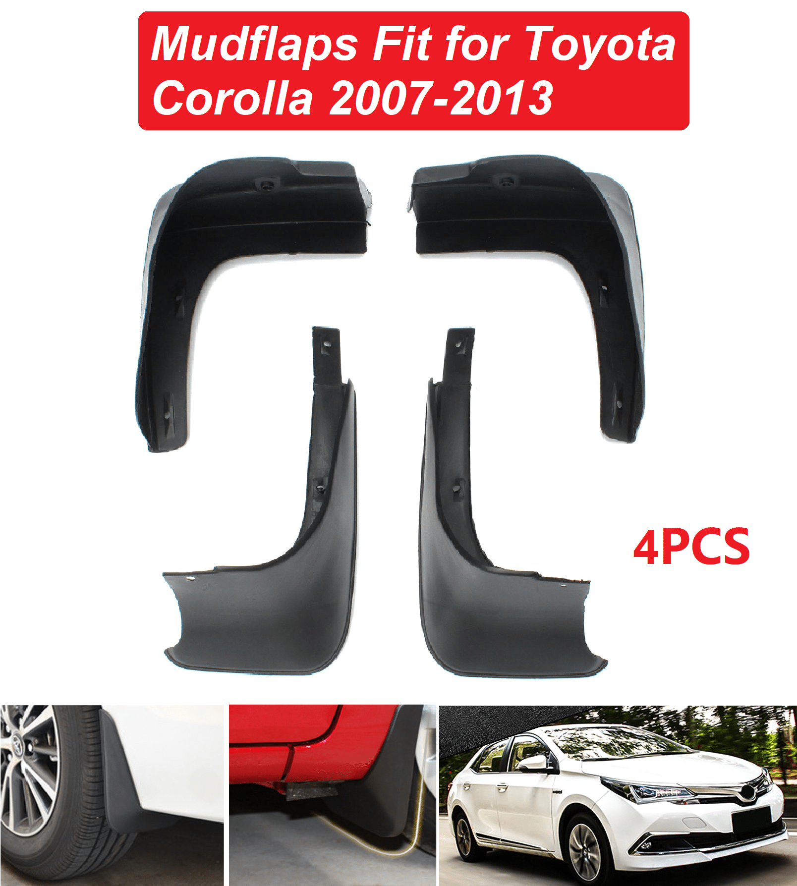 Mud Flaps For Toyota Corolla Sedan 2009–2012 – 4pc Set W/ Screws, Black, Kadore