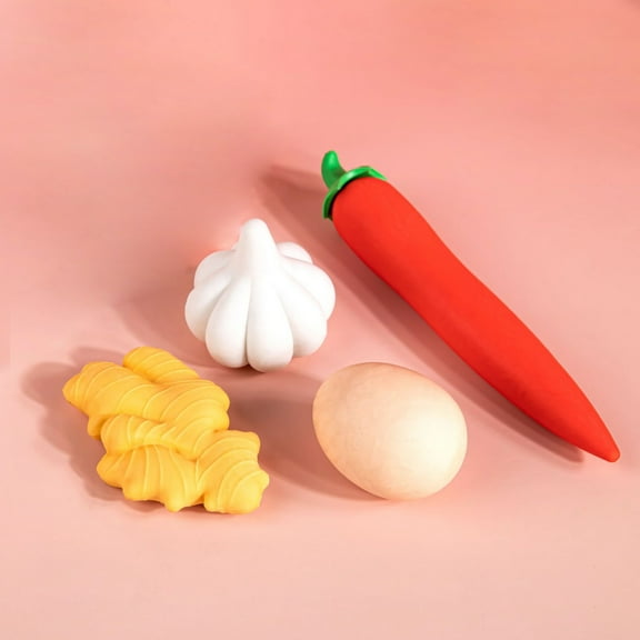 4pcs Fun Vegetable Erasers Toy Set, Realistic 3D Food Erasers, Desk Figget Toys for Stress Relief, There are Surprising Pencil Erasers, Ginger+Carrot+Garlic+Egg