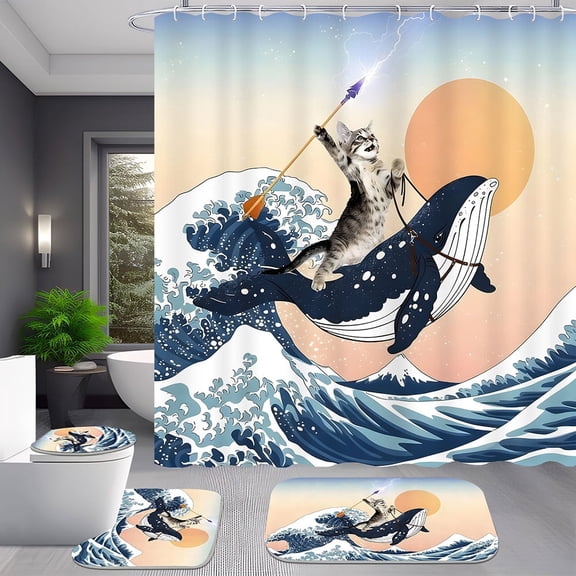 4pcs Funny Cat Riding Shark Ocean Shower Curtain Set for Bathroom