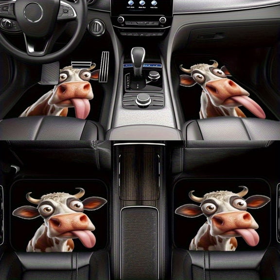 4pcs Funny Cow Print Car Floor Mats Set - Front & Rear Full Coverage Auto Interior Accessories, Crystal Velvet Vehicles Floor Mats Suitable for Sedans, Vans, SUVs