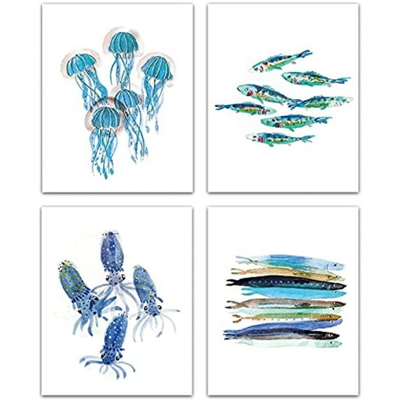 4pcs Funny Watercolor Ocean Life Art Print Set Sea Marine Life Print Canvas Wall Art Poster Jellyfish Octopus Hairtail for Nursery Bedroom Bathroom Home Decor
