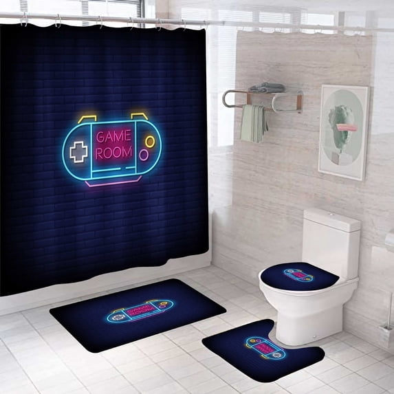 4pcs Gamepad/Game Controller Gamer Play Pattern Shower Curtains Gaming Theme Design Bathroom Sets Shower Curtain/Bath Mat/Pedestal Rug/Toilet Cover for Boys Kids