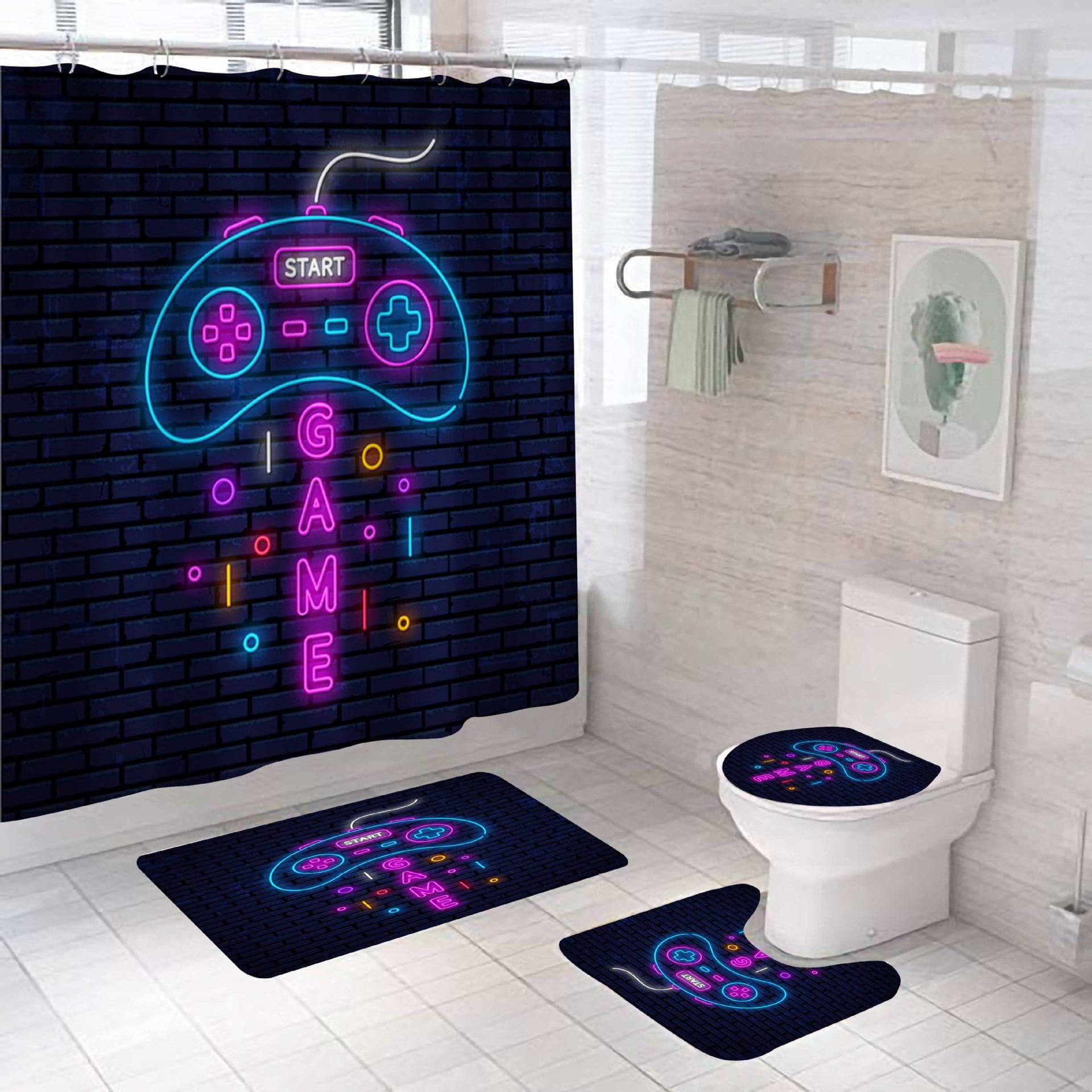 4pcs Gamepad/Game Controller Gamer Play Pattern Shower Curtains Gaming Theme Design Bathroom