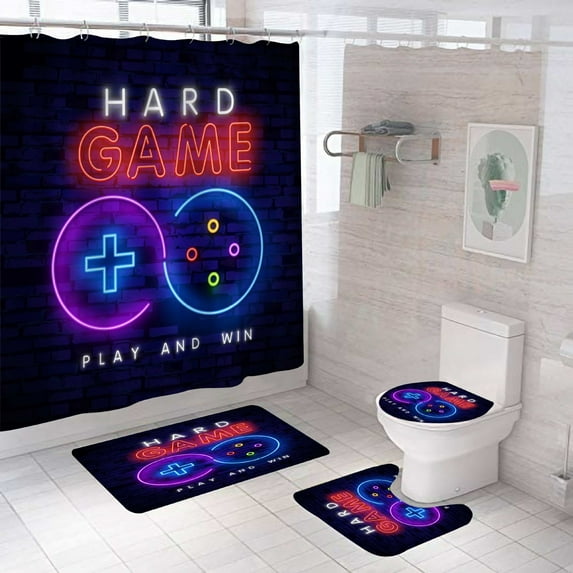 4pcs Gamepad/Game Controller Gamer Play Pattern Shower Curtains Gaming Theme Design Bathroom Sets Shower Curtain/Bath Mat/Pedestal Rug/Toilet Cover for Boys Kids