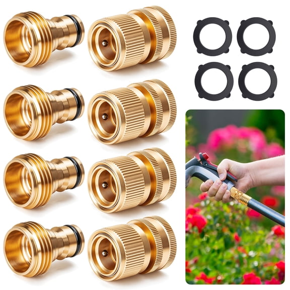 4pcs Garden Hose Quick Connect Set, TSV Solid Brass 3/4" GHT Male and Female Fittings, Leak-Proof Hose Coupler for Sprinklers