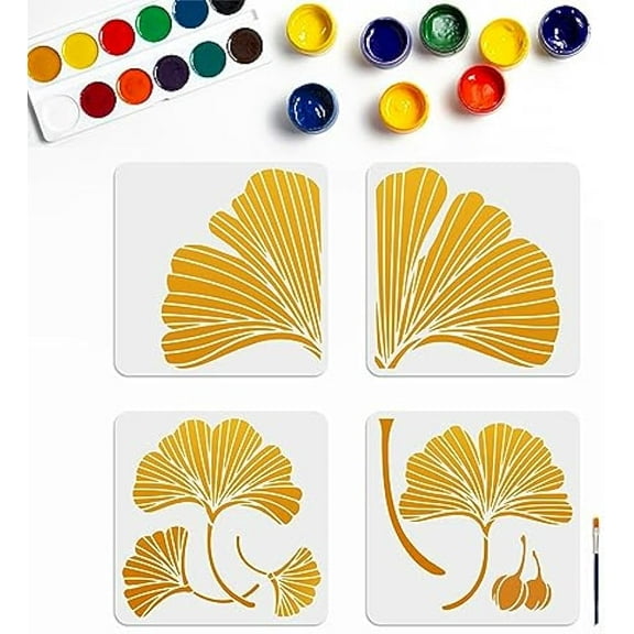 4pcs Ginkgo Leaf Stencils Autumn Leaf Painting Templates Splicing Style Botanical Leaves Reusable Stencils 11.8×11.8inch with Paint Brush Wall Art Home Decor