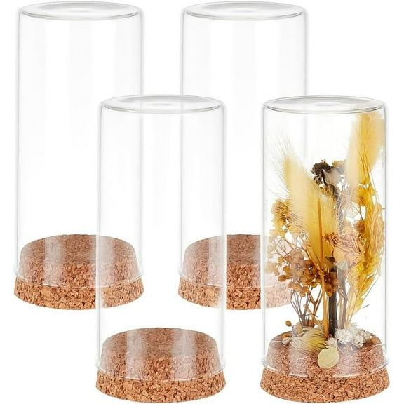 4pcs Glass Cloche Dome Long Display Bottle Glass Bell Jar with Cork Base Dome Cover Decorative Jars Display Case