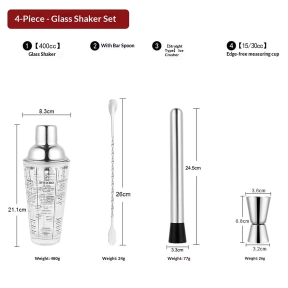 4pcs Glass Cocktail Shaker Recipes and Measurements for Cold Brew Cocktails, Home Bar Accessories, Bar Tools, Bartender Gifts, Hosting Essentials,