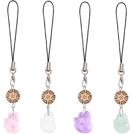 4pcs Glass Fox Mobile Phone Straps Fox with Flower Beads Phone Charms Enamel Hanging Pendants Lanyard Charms for DIY Keychain Phone Case Car Key Bag Backpack Purse Decoration