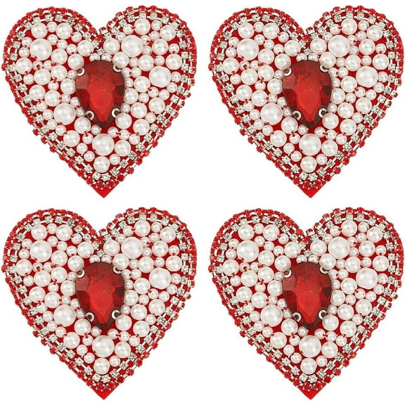4pcs Glass Rhinestone Beaded Sew on Heart Patches Embroidery Eye Appliques Badges with Plastic Imitation Pearl Red 68x68.5x8.5mm