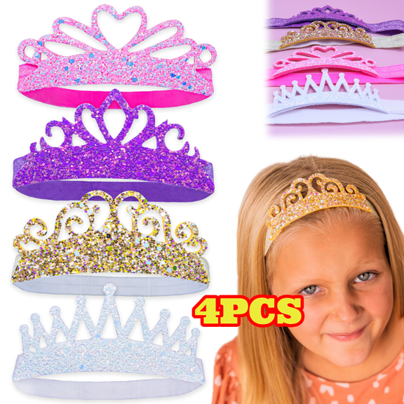 4pcs Glitter Tiara Headbands, Elastic Princess Crown Hair Bands, Stretch Sparkly Hair Accessories for Women Girls