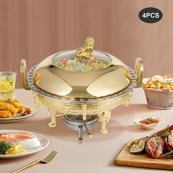 4pcs Gold Chinese Style Chafing Dishes 950ml Round Stainless Steel 10.94*8.58in for Home Parties, Large Gatherings, Events, Buffets
