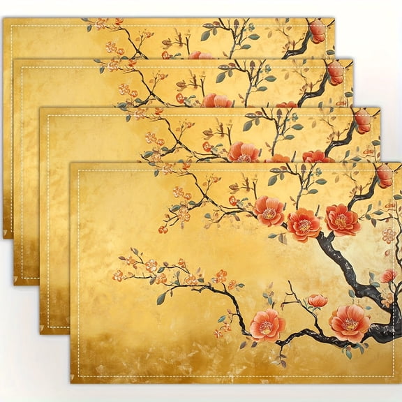4pcs, Golden Chinoiserie Floral Placemats, Fashion Print Pattern Table Mat, for Dining Table, Kitchen, Party, Indoor, Holiday, Dinner Parties And Home Decor 12X18 Inch