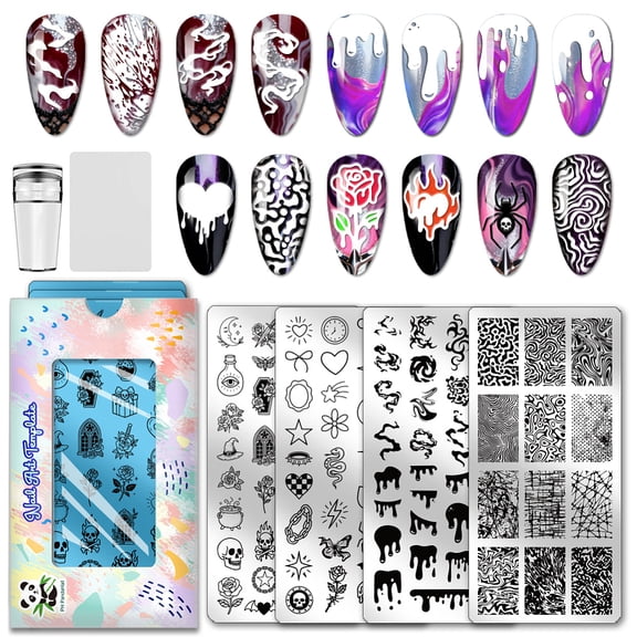 4pcs Gothic Style Nail Stamp Plate Skulls Roses Manicure Art Template Spider Bat Snake Nails Image Plate Flame Pattern Nails Art Stencils DIY