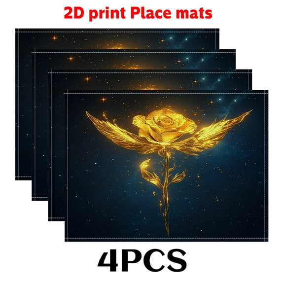 4pcs Gothic place mats - Golden Burning Roses & Dark Blue Table Decor, High Quality Easy-Clean Placemats,12x18 Inch Durable Table Mats for Dining, Kitchen, Holiday Decor & Gifts, Dining Table Mat