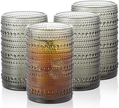 POLIDREAM 4-Piece Hobnail Glassware Set - 15.2 Oz Textured Gray Tumbler Glasses For Cocktails, Bar