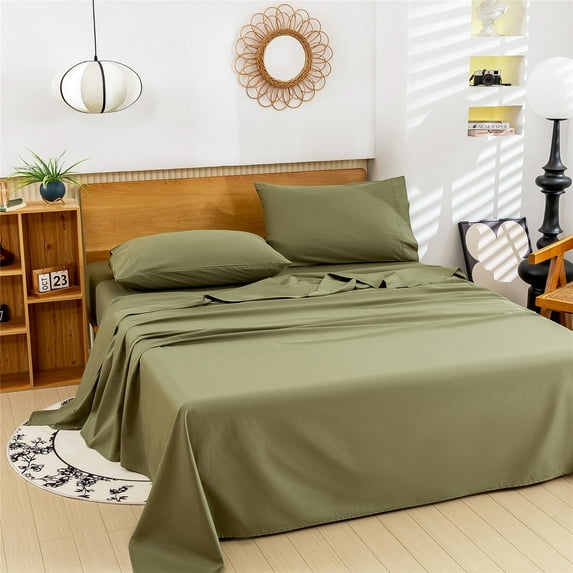 4pcs Green Cotton Bed Sheets Set, Premium Bed Sheet Set, 18-Inch Deep Pocket, Soft Breathable Bedding