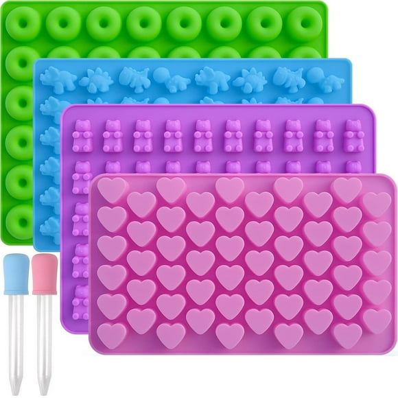 4pcs Gummy Candy Molds Silicone with 2pcs Droppers, Non-Stick Silicone Candy Molds Including Mini Dinosaur Bear Shape Hearts and Mini Donut