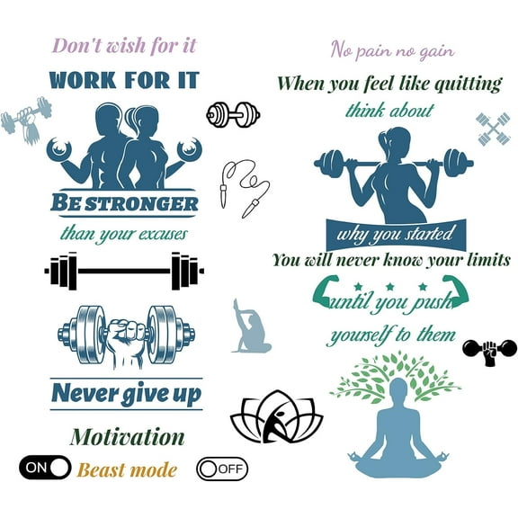 4pcs Gym Vinyl Wall Decals Weightlifting Exercise Inspirational Quotes Wall Stickers Self-Adhesive Peel and Stick Mural Decoration