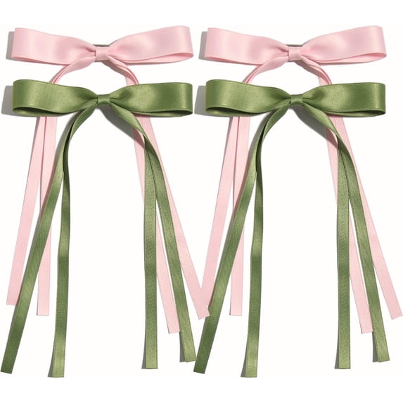 4pcs Hair Clips for Women Tassel Ribbon Bowknot Hair Clips with Long Tail, Women Hair Clip for Girl, Solid Hair Clips Long Hair Accessories Barrettes Claw Hair Clips with Bow (Pink Green)