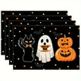 thumbnail image 1 of 4pcs Halloween Placemats - 12x18 inch, Black with White Polka Dots & Bats, Pumpkin Cat Design, Durable Linen Table Mats for Home Kitchen, Party, Holiday Decor, Halloween Decorations, 1 of 5
