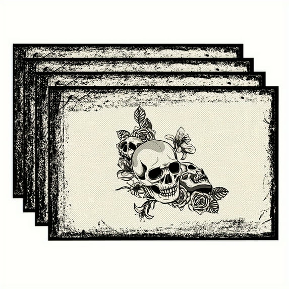 4pcs Halloween Placemats - Skull & Floral Design 12x18 inch Linen Table Mats, Machine Washable for Farmhouse Kitchen, Autumn Party Decor, Halloween Table Setting