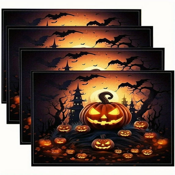 4pcs Halloween Theme Horror Pumpkin Bat Castle Pattern Printed Placemats, Heat-Resistant Table Mats, Washable Dining Mat for Home Kitchen 12x18 inch